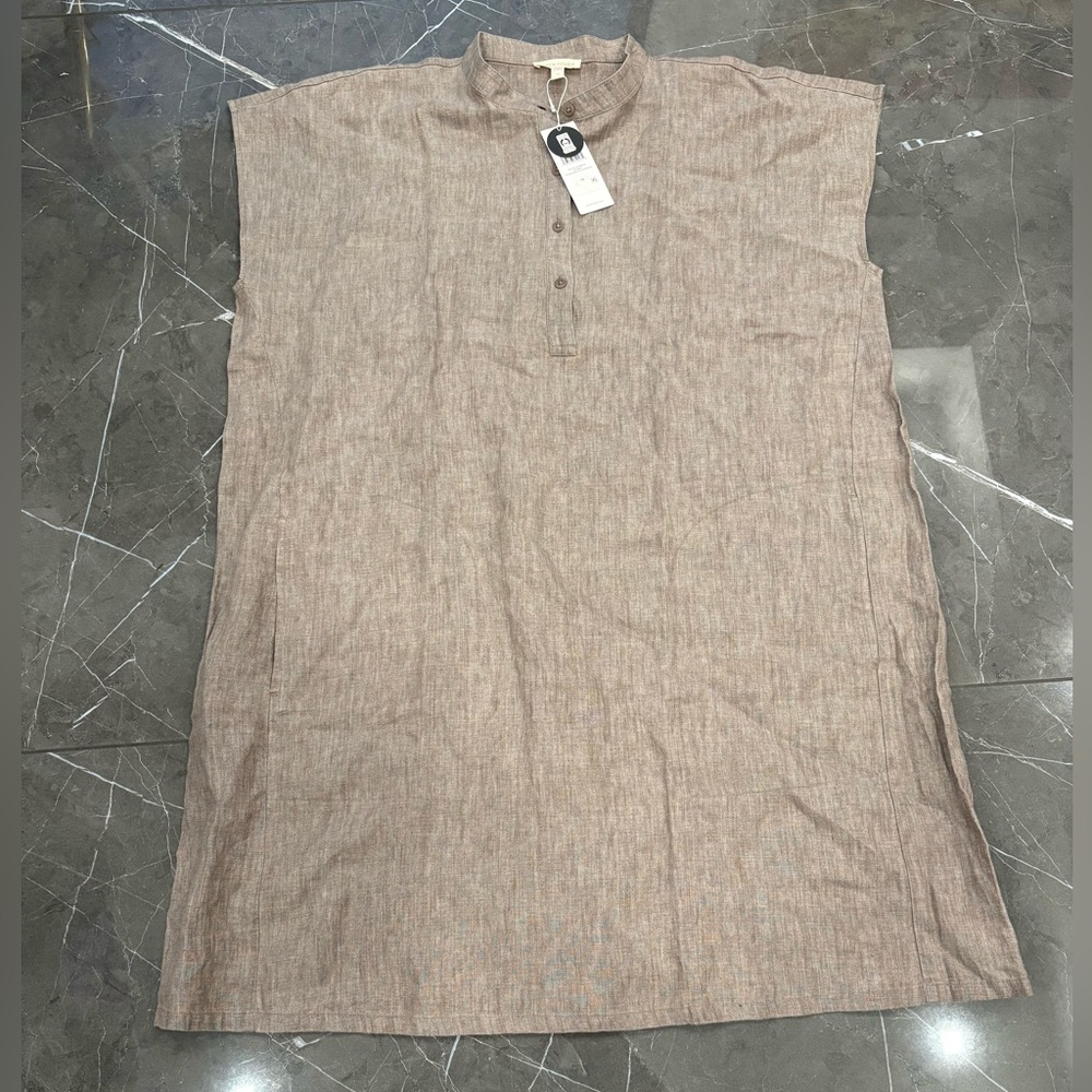 Eileen Fisher Mandarin Collar Dress Organic Linen Stone Grey Size 1X NWT
